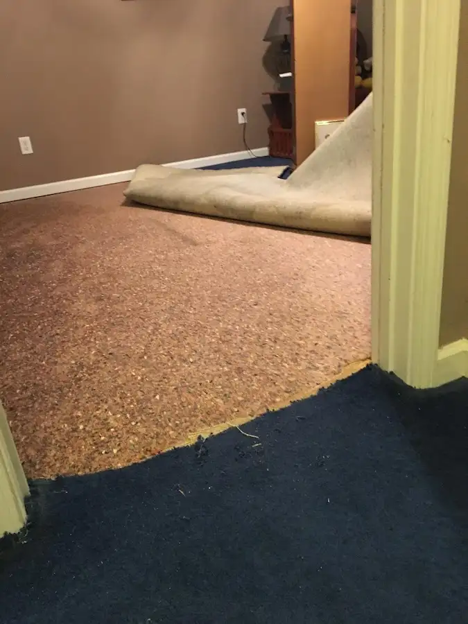 Carpet pad removal revealing water damage during Water Mitigation Services in West Caldwell